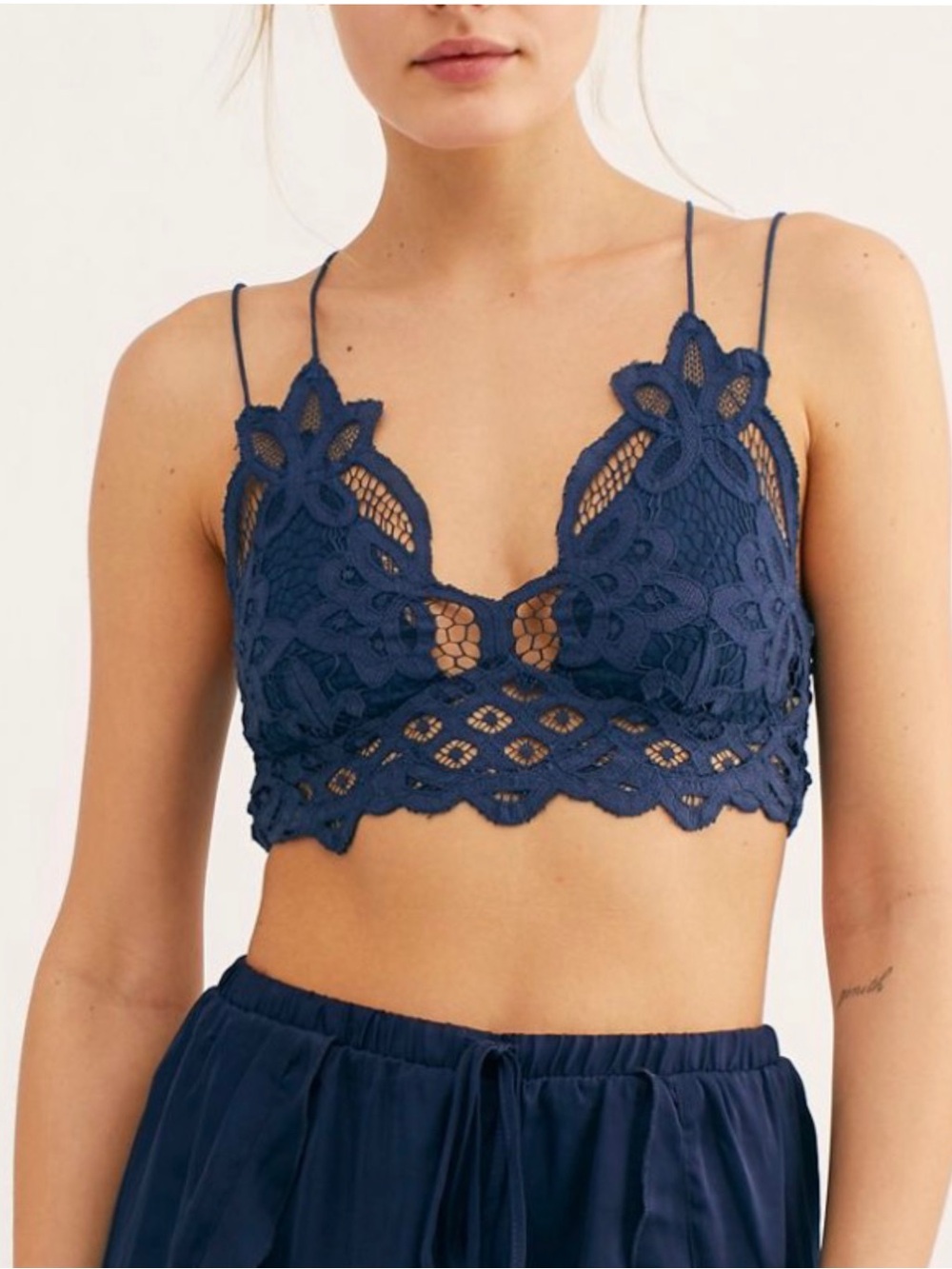 Free People Crochet Lace Adella Bralette Bra Midnight Blue Medium Boho Goth Y2K